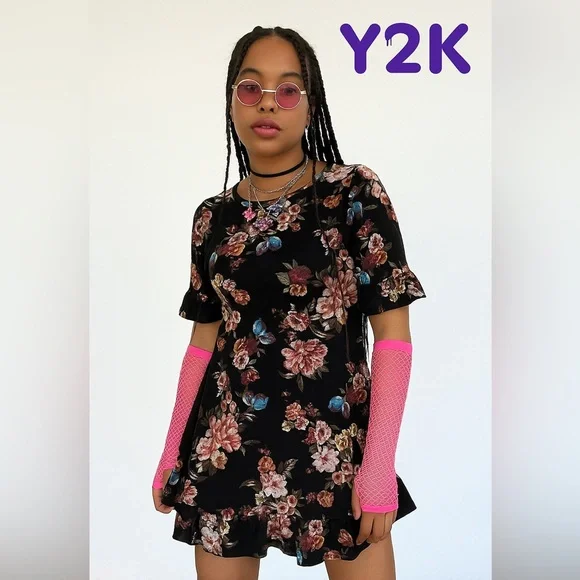 Sofi Angel | Dresses | Sofi Angel Black Floral Cocktail Mini Dress S Y2k  Casual Short Sleeve Whimsical | Poshmark